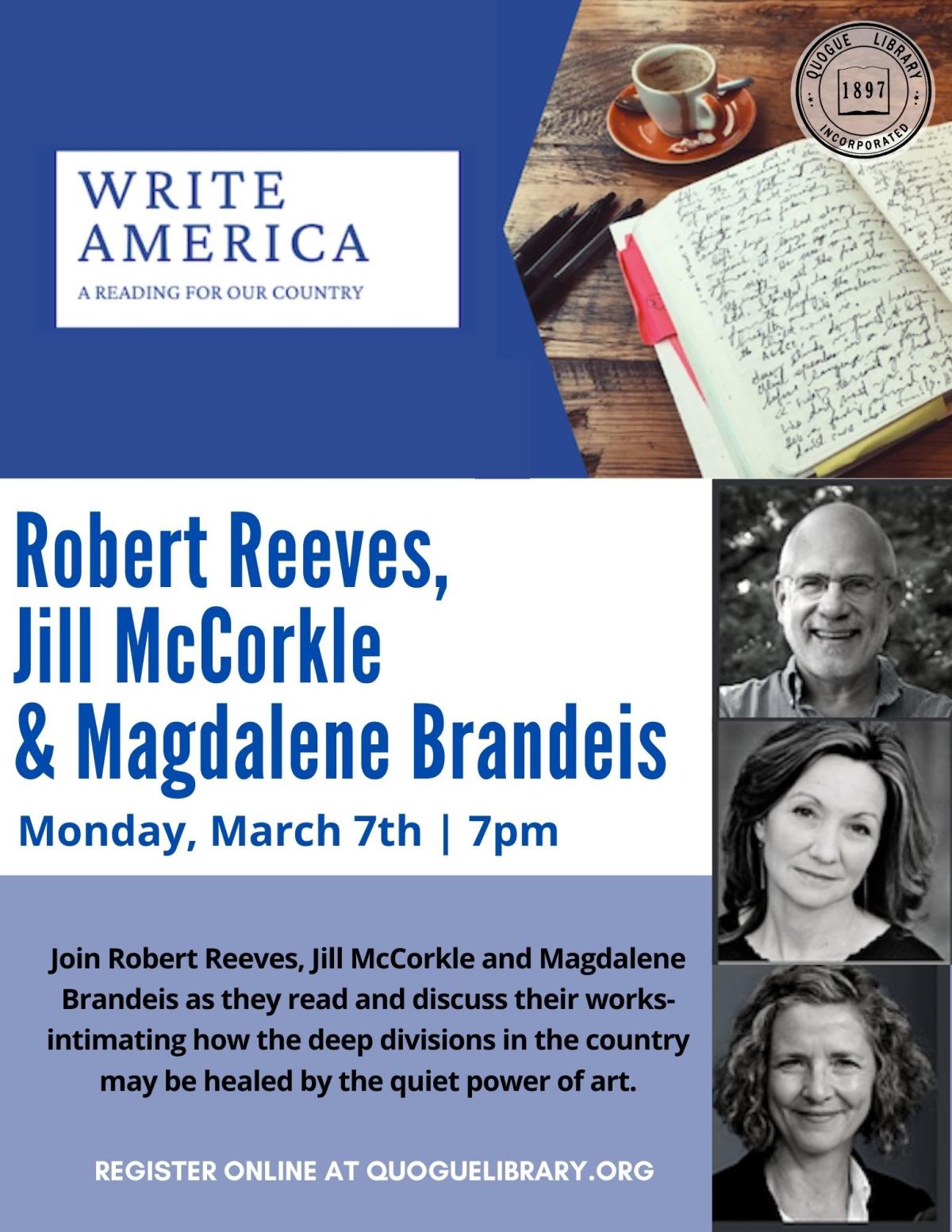 "Write America: Robert Reeves,  Jill McCorkle  & Magdalene Brandeis"